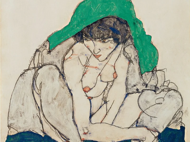 1890-Egon Schiele - Donna accovacciata con foulard verde in testa